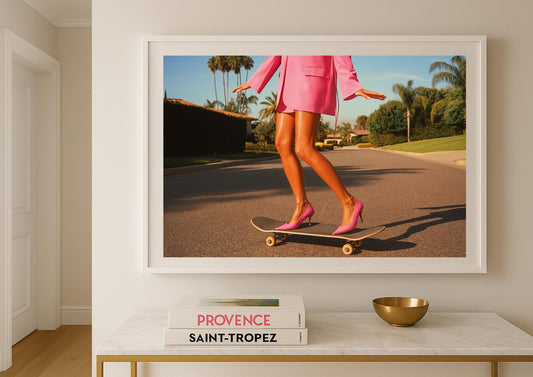 Pink Heels Skateboard Art Print – Modern Fashion Pop Art Photography