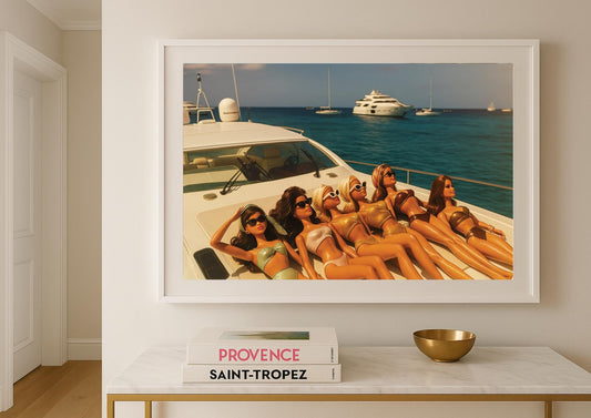 Golden Hour Yacht Scene Art Print – Slim Aarons Inspired Luxury Summer Wall Art